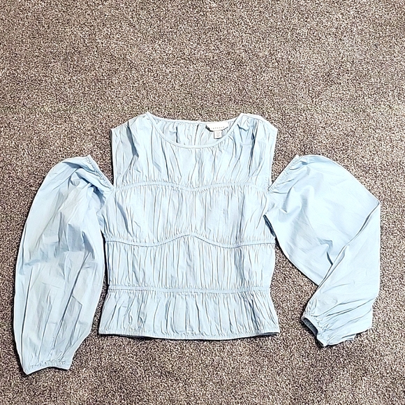 Topshop Shirred Poplin Off The Shoulder Blouse in Blue Size 6 - Picture 5 of 10
